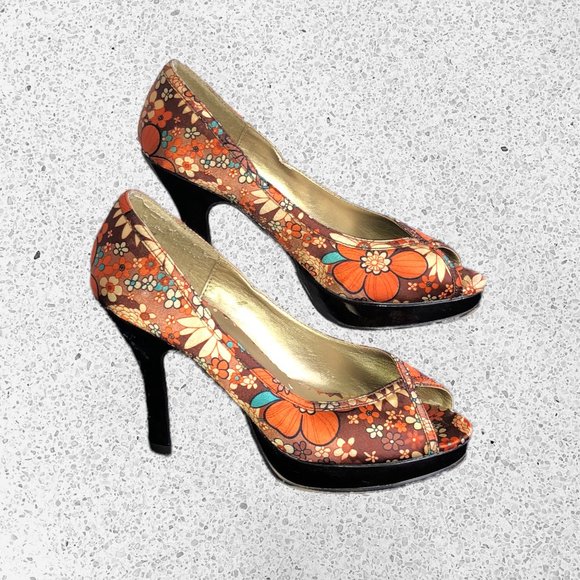 Madden Girl Brown Floral Lattee Peep Toe Heels - Picture 1 of 6
